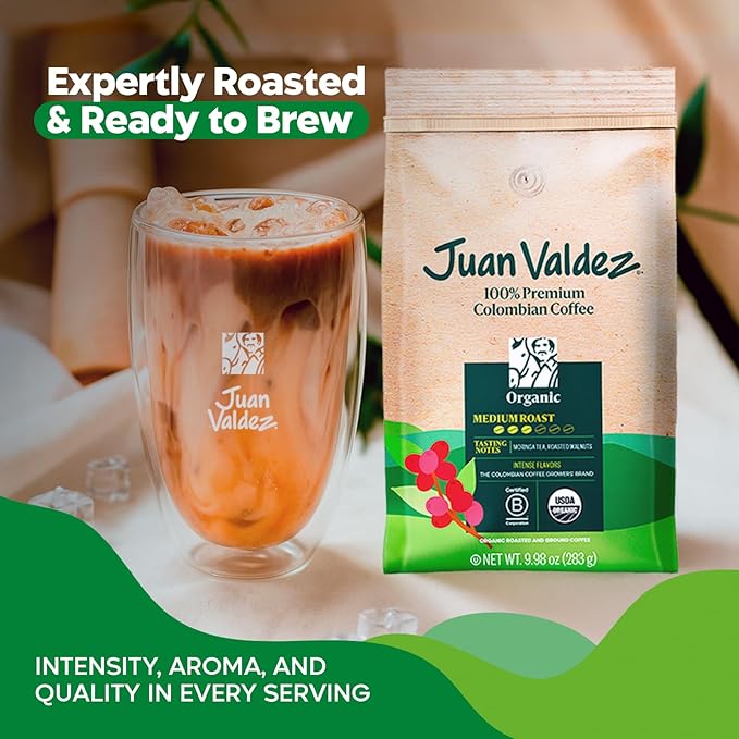 Juan Valdez Organic Ground Coffee - Balanced Roast | 100% Colombian Arabica Beans | 100% Colombian Coffee | Certified USDA Organic | Notes of Moringa Tea & Roasted Nuts | 10 oz / 283 gr