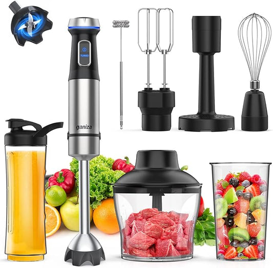 Ganiza Immersion Blender 8 in 1 Hand Blender Max 1000W Heavy Duty Motor, 16 Speed Mode Handheld Blenders Immersion Stainless Steel Sitck Blender Includes 8 Total Pieces