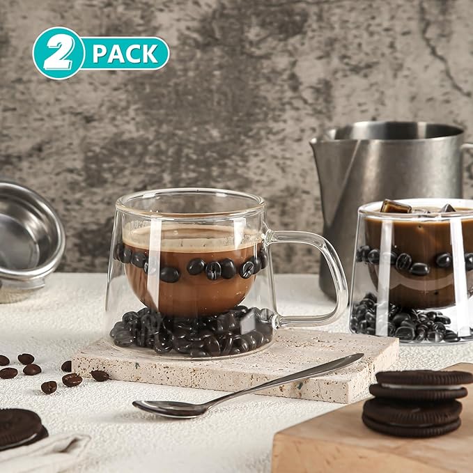 Double Walled Glass Coffee Mugs, Floating Coffee Bean Illusion Cups with Handle, 200ml Borosilicate Glass Mugs Insulated for Hot/Cold Beverages -Espresso, Tea, Latte,Cappuccino, Set of 2