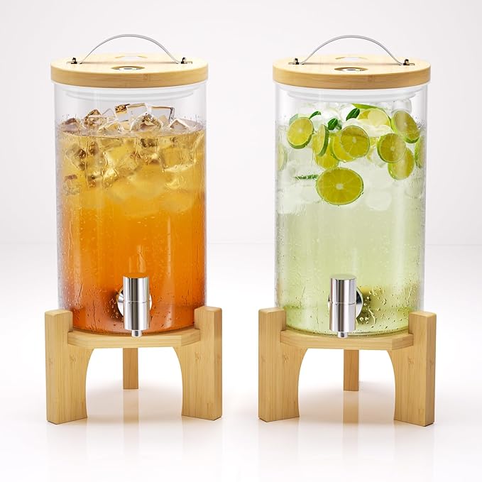 VOVUVK 1.2 Gallon Glass Drink Dispenser For Parties, beverage dispenser with Bamboo wood stand And Stainless Steel Spigot, Juice or lemonade dispenser Laundry Detergent Dispenser (2 PACK)