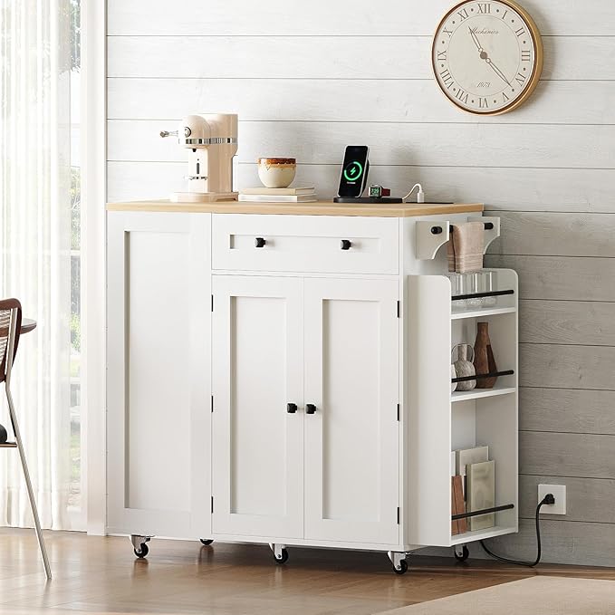Kitchen Island with Storage, Mobile Rolling Cart with Trash Can Storage, Kitchen Island on Wheels, Rolling Island Table with Charging Station, Paper Holder, for Kitchen, White ZD02UWN