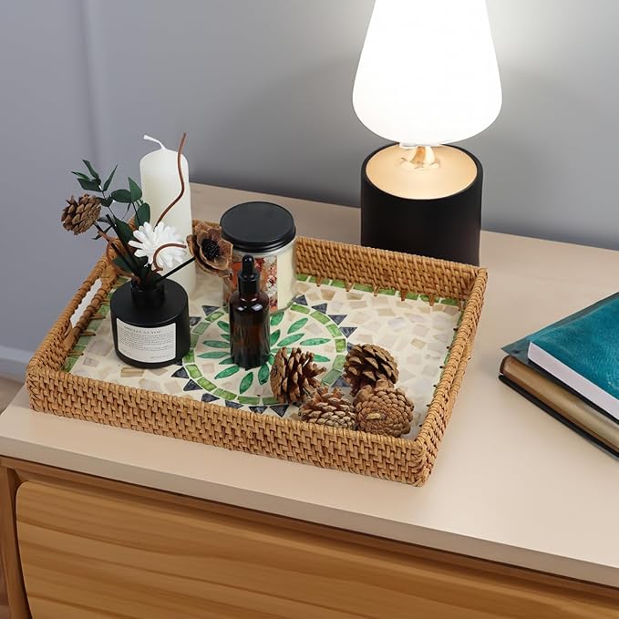 Rattan Serving Tray, Rectangle Coffee Table Tray with Mother of Pearl Inlay, Decorative Wicker Basket with Handle for Coffee, Bread, Fruits, Snacks, Table Decor (Bohemia)