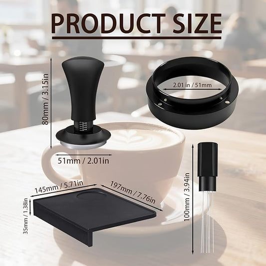 Espresso Accessories 51mm Spring Loaded Tamper Kit, 5-Piece Set with Needle Distributor WDT Tool, Dosing Funnel & Tamping Mat for 51mm Portafilter Espresso Machines (51mm)