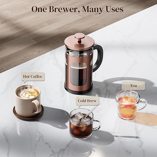 Veken French Press Coffee Maker, Heat Resistant Thickened Borosilicate Glass,Stainless Steel Brewer,Single Serve Small Pot, Cold Brew Cafetera Teapot for Kitchen Travel Camping, 21oz 0.6 L,Copper