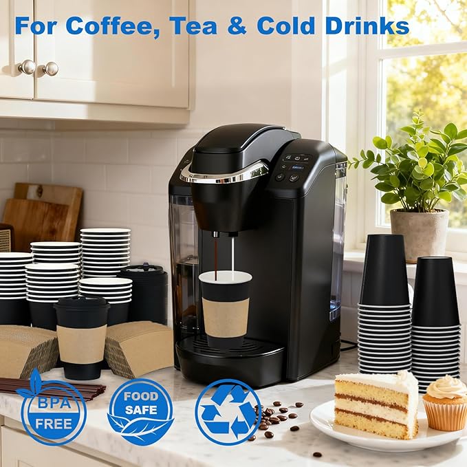 Coolcap 12 oz 100 Pack Coffee Cups with Lids and Sleeves, Straws, Hot Disposable To Go Travel Paper Cups Bulk for Office, Home Coffee Bar Accessories, Chocolate, Cocoa, Beverage (Black)