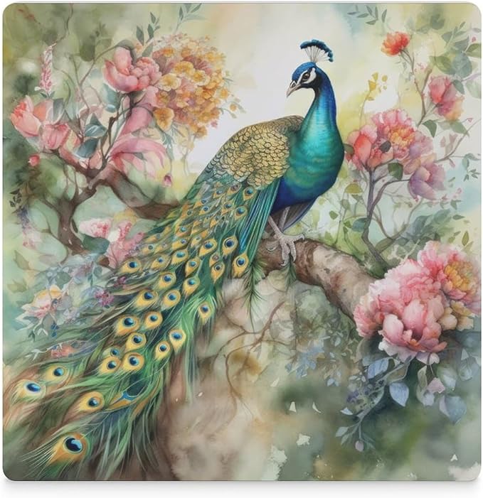 Peacock Drink Coasters, Square Ceramic Drink Coaster Square-6PCS, Vintage Watercolor Style Floral Beautiful Peacock Decor Absorbent Ceramic Coasters for Beverage Cup, Bar, Coffee Table