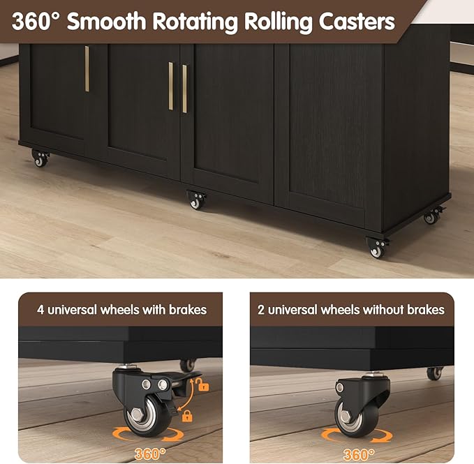 59 inch Large Mobile Kitchen Island Cart with Drop Leaf,Island Cart with 2 Cabinets,Drawer,Extra Counter Space&Trash Bin Storage,Rolling Portable Prep Table for Kitchen,Black