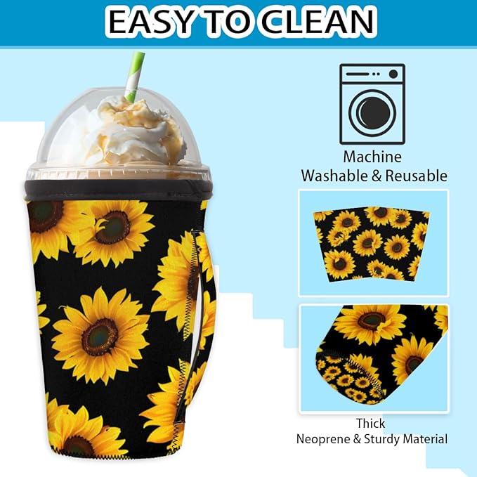 Sunflower Printed Reusable Insulator Coffee Sleeves for Drinks Beverages, Neoprene Holder with Handle for Most Coffee or Ice Drink, 30-32oz