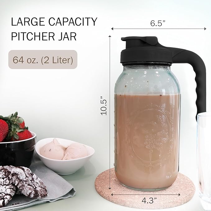 Mason Jar Pitcher - Airtight & Leakproof Glass Pitcher with Lid, Perfect for Breastmilk, Cold Brew Coffee, Sun Tea, Water & Drinks, 2 Quart (64 oz) Wide Mouth Mason Jar with Pour Spout Lid - Black