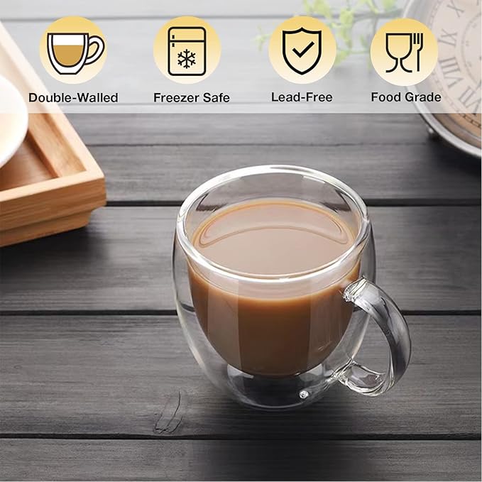 Mfacoy Double Wall Insulated Glasses Espresso Cups Set of 4 (50% Thicker), 5 oz Clear Coffee Cups with Handle, Shot Glasses, Suit for Espresso Machine, Latte, Cappuccino, Glass Coffee Mugs
