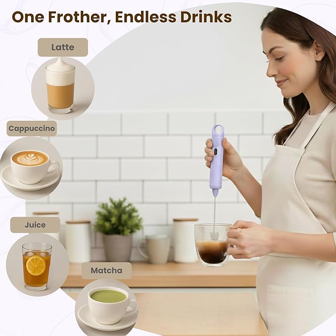 Rechargeable Milk Frother Handheld 3 Speed Coffee Foamer [3 Whisk] Electric Drink Mixer for Latte, Cappuccino, Coffee, Eggs, Hot Chocolate, Purple