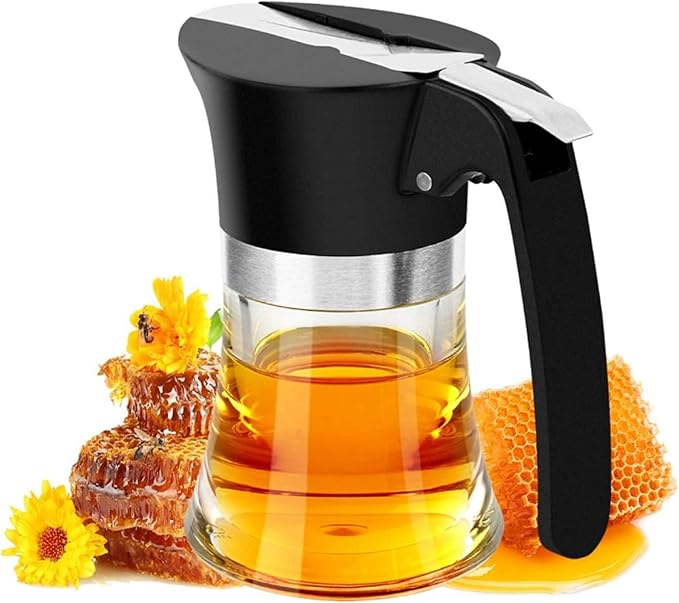 Bewinner 3.38Oz Syrup Dispenser, Honey Pot Glass Honey Dispenser Jar, Stainless Steel Maple Syrup Container Easy to Clean for Chocolate Peanut Butter Caramel