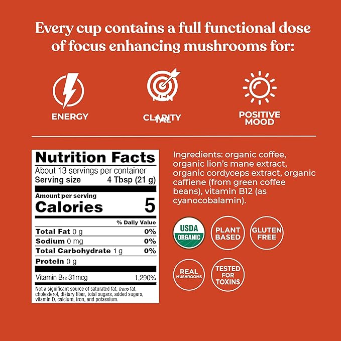 Four Sigmatic Focus Max High Caffeine Cordyceps Coffee | Organic Dark Roast High Caffeine Ground Coffee with Cordyceps, Lion's Mane and B12 | Energy Booster Without the Jitters | 10oz Bag