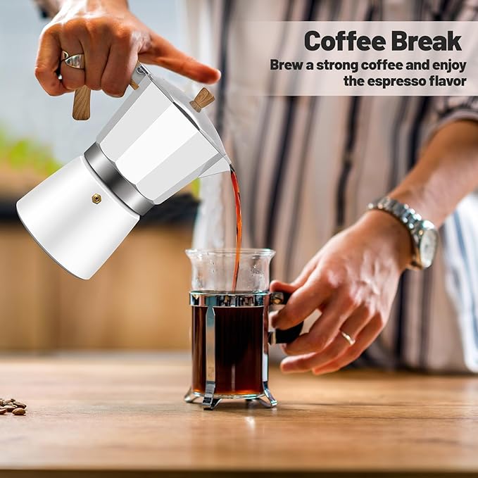 Vaolvpant 6 Cup Aluminum Moka Pot Classic Stovetop Espresso Coffee Maker 300ml 10oz Coffeemaker Percolator Mocha Express Preferred Cafe Makers for Italian and Cuban Café Brewing White