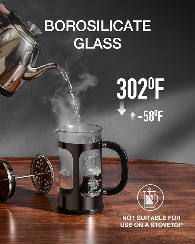 BAYKA French Press Coffee Maker, 4-Level Filtration, Easy to use, Large 304 Stainless Steel Press, Cold Brew Heat Resistant Thickened Borosilicate Pot for Camping Travel Gifts, 34 Ounce, Dark Pewter
