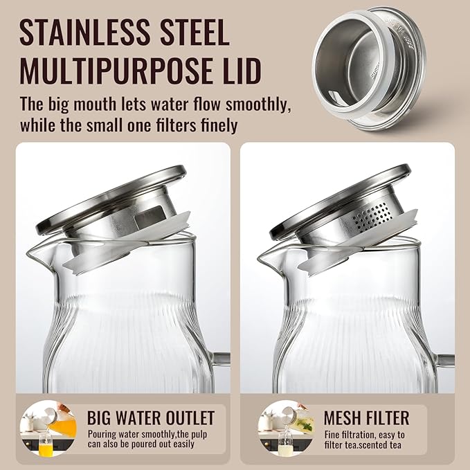2 Pack 2 Liter/68 oz Square Glass Pitcher with Lid, Classic Stripes Water Pitchers with Handle for Fridge, Large Jug for Iced Tea, Borosilicate Glass Carafe for Hot/Cold Brew Drink, Silver