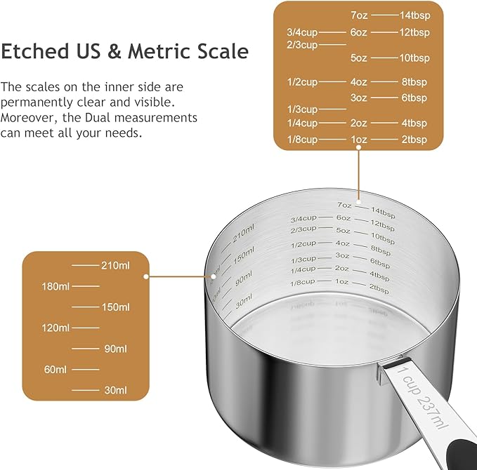LEIFENY 1PCS 1CUP(237ml) Dog Cat Food Scoop, Stainless Steel Measuring Cup, Metal Pet Scooper with Inner Precision Scale Measurement