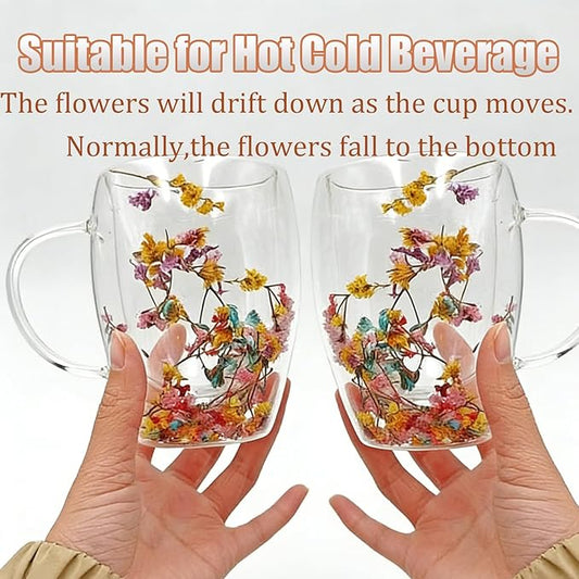 Viovian 13oz Double Wall Glass Coffee Mugs Set of 2 Insulated Glass Coffee Cups with Handles,Clear Dried Flower Tea Mug for for Hot Beverages,Tea Cup Women Birthday Gifts