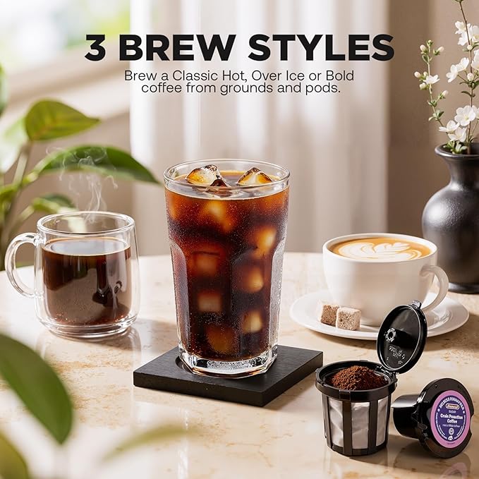 Single Serve Coffee Maker Hot and Iced with Bold Brew, Small Coffee Machine for K Cup and Ground, Fits 7.3'' Travel Mug, Brews up to 16 Oz, 5 Cup Sizes, for Office, RV& Hotel, Elegant Black