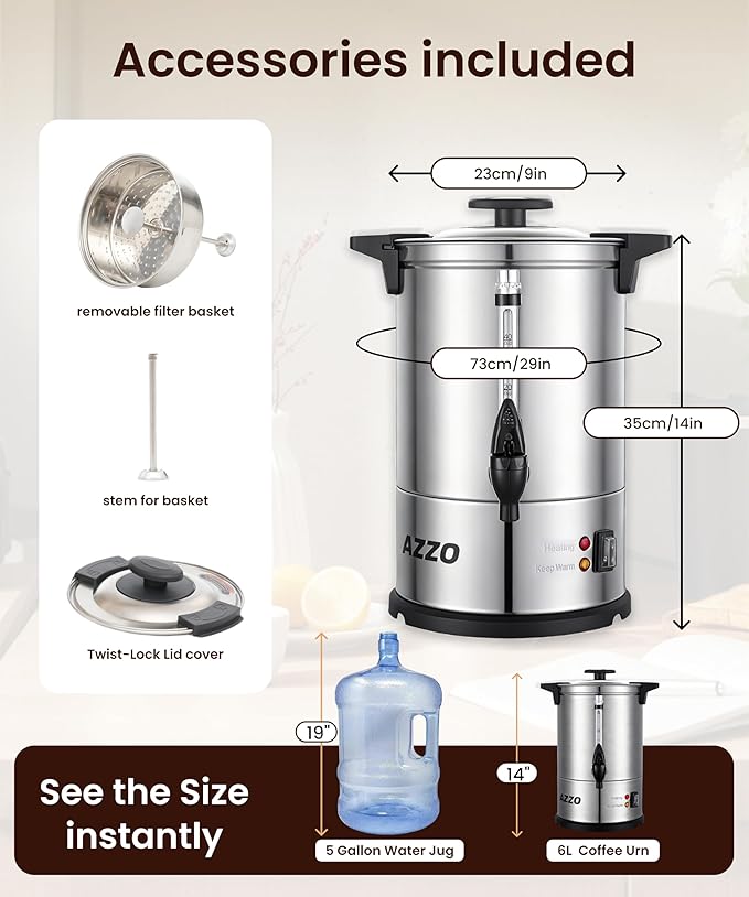 AZZO KITCHEN Commercial Coffee Maker 40-Cup Large Coffee Urn with Percolator Coffee Pot Electric 6L Stainless Steel Fast Brew Hot Water Dispenser for Tea Catering Events Home Office Easy Cleaning