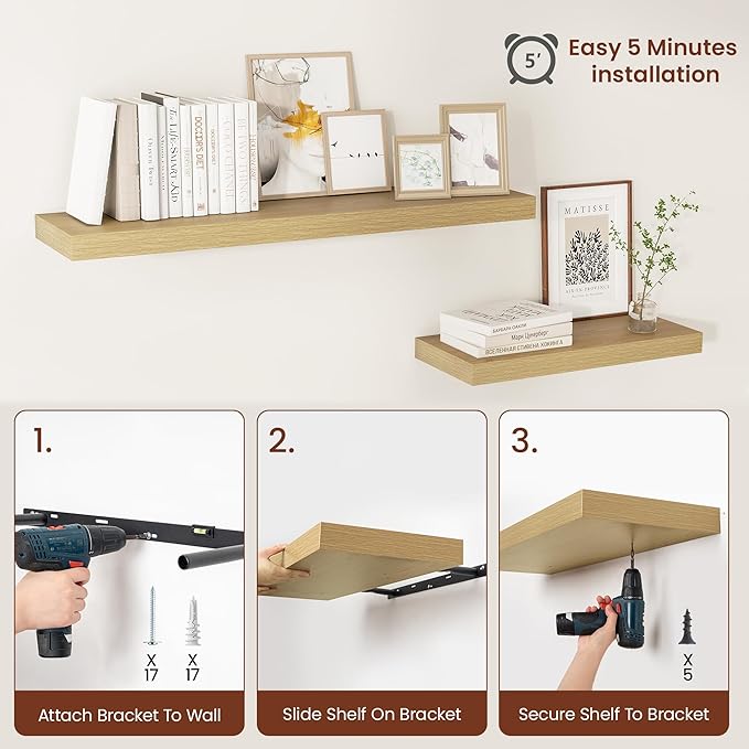 Vivelove 12 Inch Deep Floating Shelves 55 inch Long, 2 Inch Thick Wall Shelves with Invisible Brackets, Shelf for Bedroom Bathroom Living Room Kitchen Office Home Decor, Modern Shelf Set of 2, Oak
