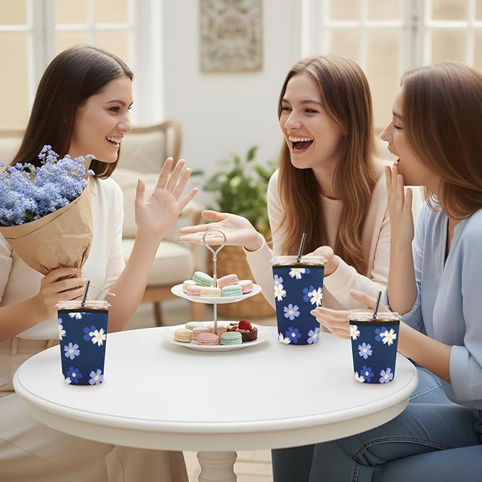 Iced Coffee Sleeve Reusable Cup Sleeves for Cold Drinks Neoprene Koozie Cozy Plastic Cup Covers for Drinks, Blue White Floral