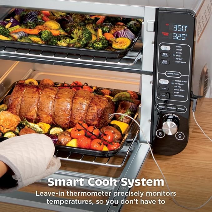Ninja DCT451 12-in-1 Smart Double Oven with FlexDoor, Thermometer, FlavorSeal, Smart Finish, Rapid Top Convection and Air Fry Bottom , Stainless Steel