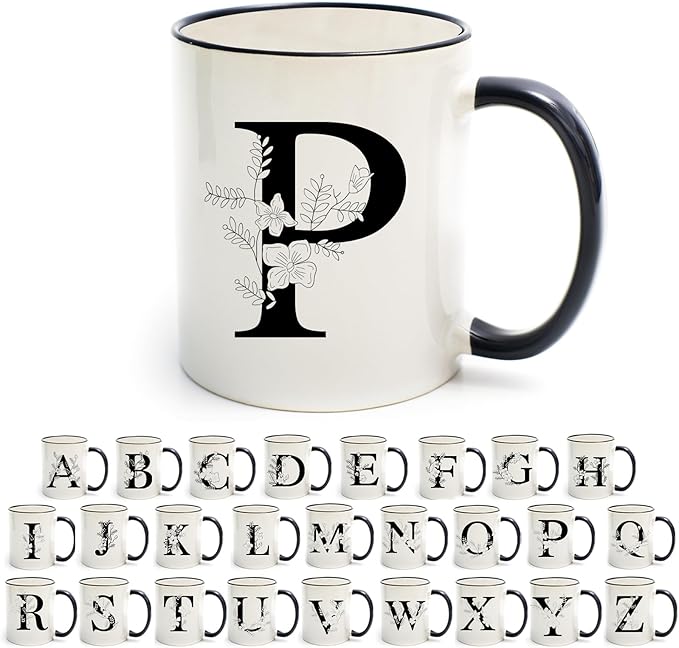 Monogram Ceramic Coffee Mugs, 11 oz Initial Drinking Cup with Gift Box, Unique Birthday Christmas Gifts for Women Wife Mothers Day Grandma Mom Aunt, P