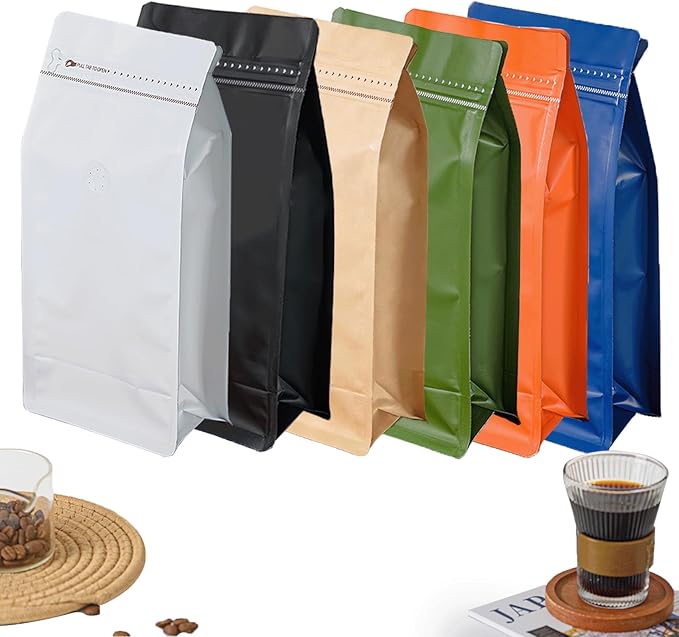 50 Pcs 0.5lb White Long Coffee Bean Bags with Valve, Easy Tear Open & Repeating Sealed Zipper, Heat-Seal Stand Up & Flat Bottom Coffee Bag, 8oz Capacity 5.1x7.8 Inch