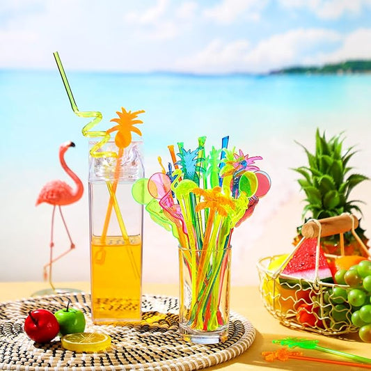 100 Assorted Tropical Swizzle Sticks Bar Cocktail Stirrers Luau Palm Tree Flamingo Fun Reusable Novelty Beverage Cocktail Margarita Tiki Drink Stirring Sticks for Birthday Wedding Party
