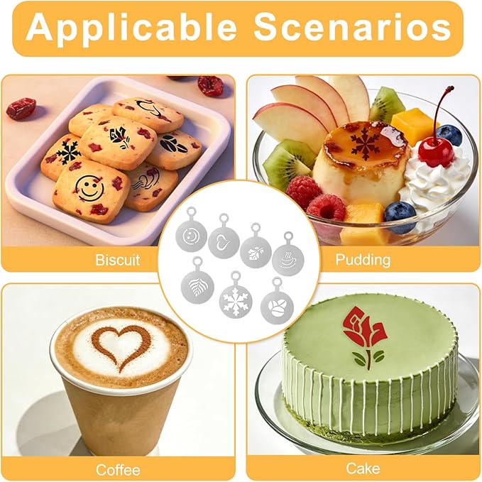 7PCS Coffee Stencils Latte Art, Stainless Steel Reusable Metal Coffee Stencils with Various Patterns for Cappuccino Cake Cookie Decorating Home and Cafe Use (Silver)