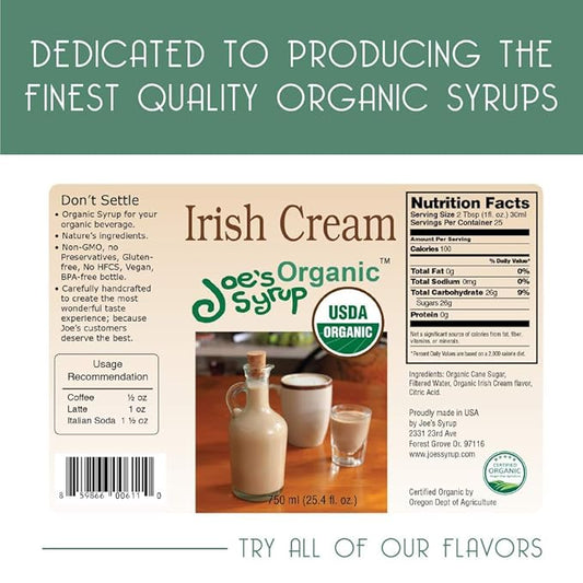 Joe’s Syrup Organic Flavored Syrup, Organic Irish Cream, 750 ml