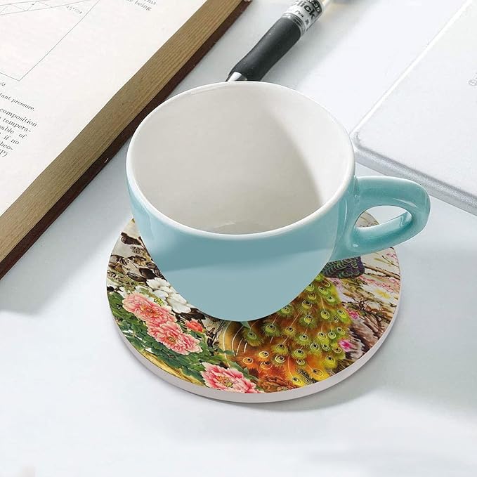 Round-6PCS Peacock Ceramic Coasters, Round Absorbent Drink Coasters, Vintage Tree Branch Beautiful Plant Floral Gold Peacock Ceramic Table Coasters for Coffee, Beverage, Wine, Beer Coasters