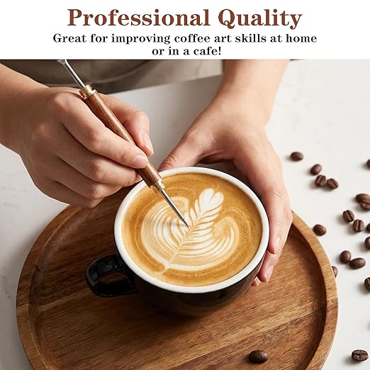 2pcs Coffee Art Pen, Stainless Steel Latte Art Tools with Lid, Lattes Pen with Wood Handle, Dual-Head Design, for Creating Professional Espresso Tools, Home, Travel, Cafe Use