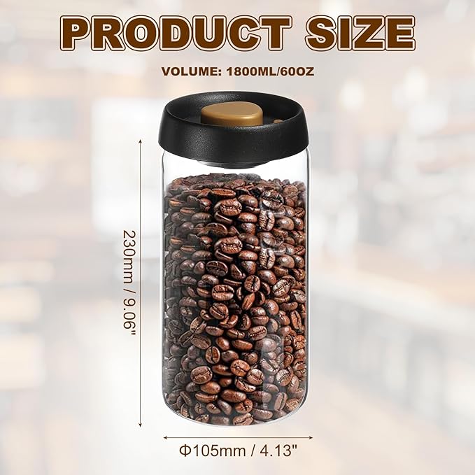 uxcell Coffee Vacuum Container, 1800ml/60oz Glass Coffee Bean Storage Container with Lids for Spices Biscuits Loose Leaf Tea, Black Gold Tone