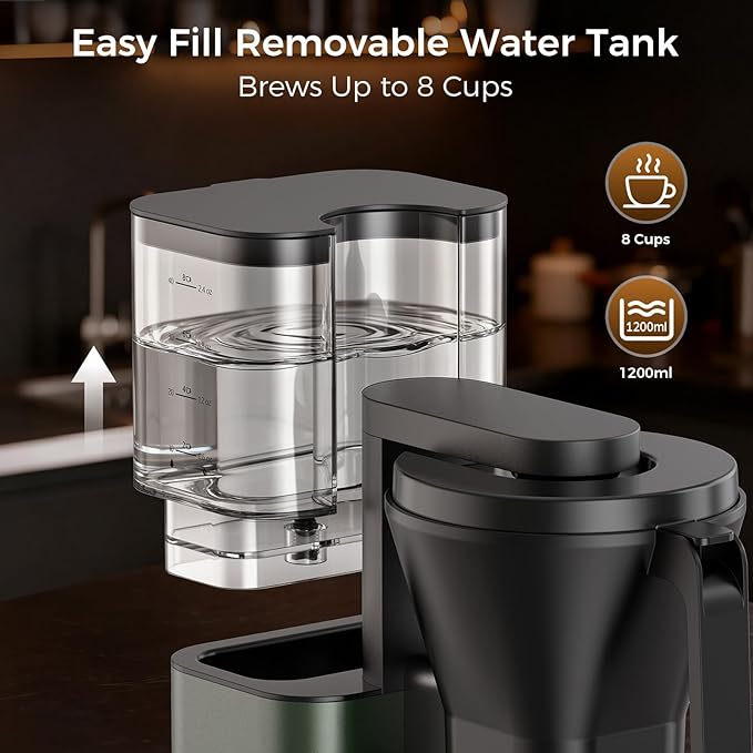 Kismile 8 Cup Drip Coffee Maker Machine, Pour Over Coffee Brew with 3s Instant Heat 197-205℉, Removable Water Tank, Adjustable Flow Control, Deep Cold Brew & Keep Warm 40 Min, Easy to Clean (Juniper)