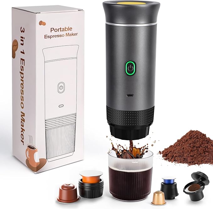 Electric Espresso Machine, 3 In 1 Portable Coffee Maker for Travel, 4-6 min Self-Heating, Compatible with Ground Coffee & Large Capsules, Small Capsules, for Hiking, Camping, RV, Office(Grey)