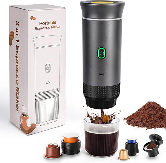 Electric Espresso Machine, 3 In 1 Portable Coffee Maker for Travel, 4-6 min Self-Heating, Compatible with Ground Coffee & Large Capsules, Small Capsules, for Hiking, Camping, RV, Office(Grey)
