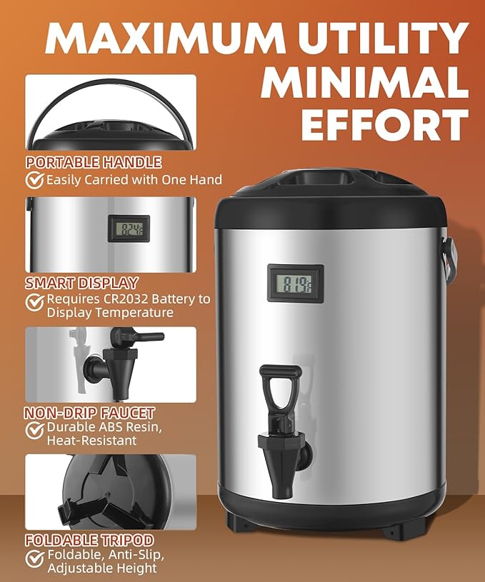 3.2 Gallon Insulated Beverage Dispenser, 12L Thermal Coffee and Drink Server with Spigot, Non-Electric Hot & Cold Drink Container for Juice, Tea, Milk, or Chocolate