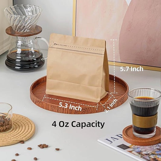 50 Pcs 4oz Kraft Paper Brown Sqaure Coffee Bean Bags with No-Valve, Easy Tear Open & Repeating Sealed Zipper, Heat-Seal Stand Up & Flat Bottom Tea Bag, 1/4 lb Capacity 5.3x5.7 Inch