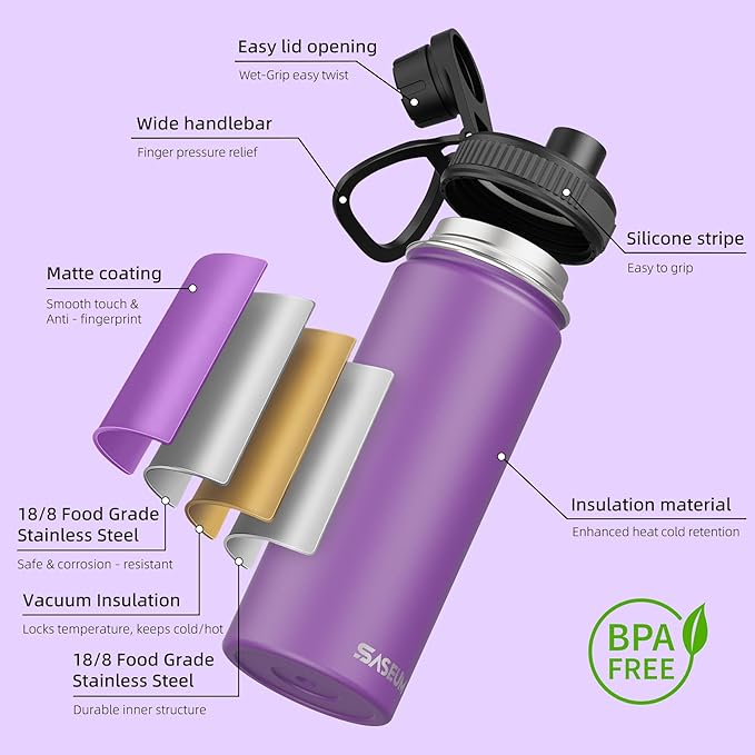 SASEUM Sport Water Bottle 18oz Stainless Steel Double Wall Vacuum Thermal Mug with Leak Proof Spout Lids, Wide Mouth Metal Insulated Water Jug for Gym and Travel（Purple）