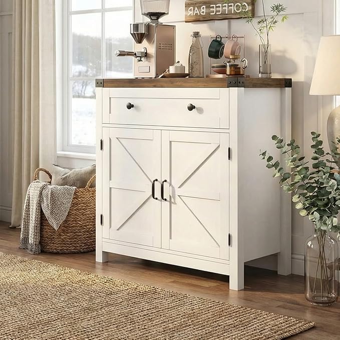 HOSTACK Coffee Bar Cabinet, Kitchen Storage Cabinet, Modern Farmhouse Buffet Sideboard with Drawer and Adjustable Shelf, Barn Door Accent Cabinets for Kitchen, Dining Room, Entryway, White