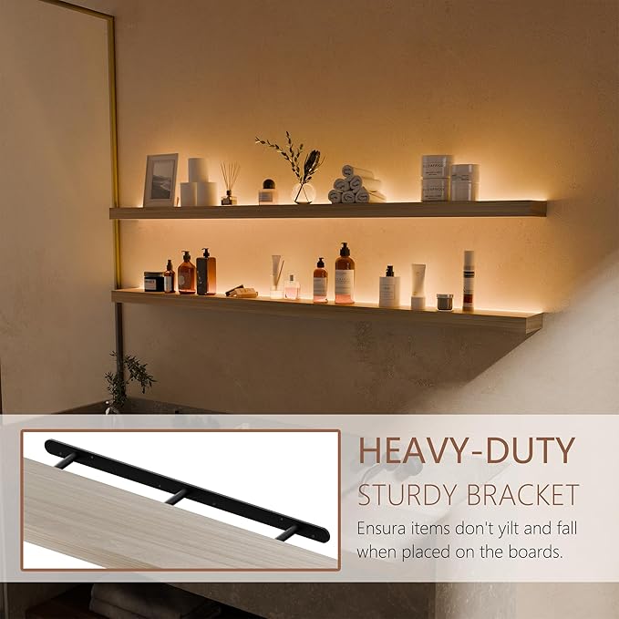 60 inch LED Gaming Floating Shelves for Wall,Solid Wood Long Wall Shelves Set of 2 with Light for Gaming Room,Natural Rustic Wall Mounted Shelves for Living Room Bedroom Kitchen Garage