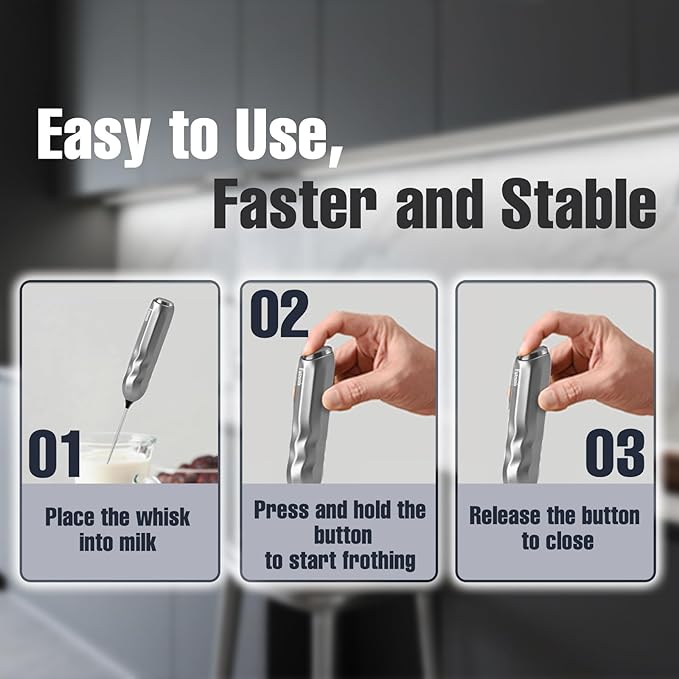 Handheld Milk Frother, Fast Powerful Drink Mixer Battery operated with Stainless Steel Whisk for Coffee (Silver with Stand)