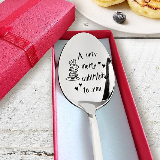 PZJIEAN A very Merry Unbirthday to You Engraved Stainless Steel Spoon, Best Coffee Tea Dessert Spoon Gifts for Coffee Lover Birthday Graduation Christmas