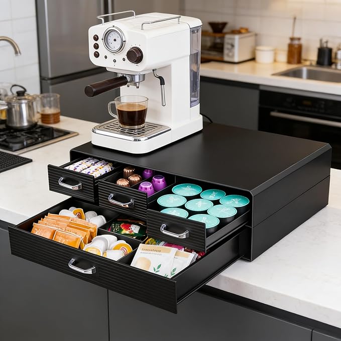 SZQINJI Coffee Pod Organizer 72/96 Pods Coffee Capsule Holder 2-Tier Coffee Pod Storage 4-Drawer Compact, Compatible with Keurig K-cup & Nespresso Capsule
