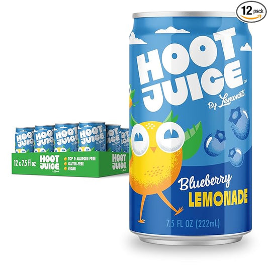 Hoot Juice Lemonade By Lemonati, No Artificial Sweeteners or Flavors, Gluten-Free, Kosher, Non-GMO, Vegan, 7.5 Fl Oz Mini-Cans, Pack of 12, Blueberry