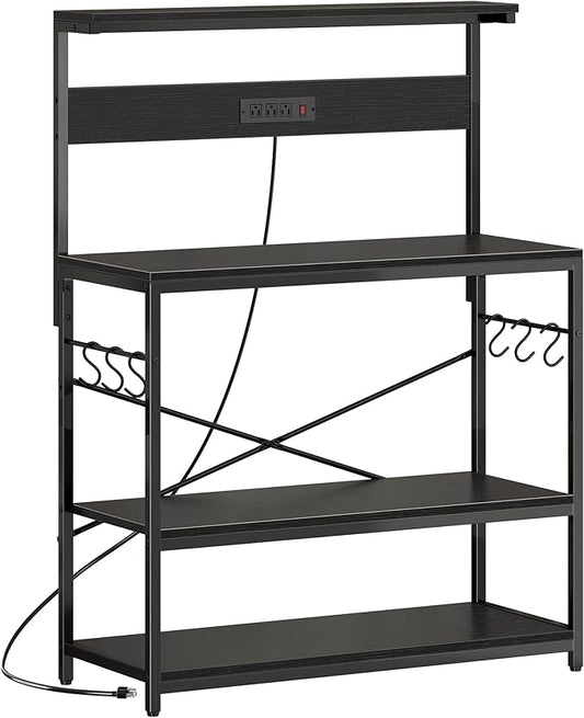 SUPERJARE Bakers Rack with Power Outlets, Microwave Stand, 39.4 X 14.3 Inch Larger Desktop, Kitchen Storage Rack with Adjustable Middle Shelf, 6 S-Shaped Hooks, Coffee Bar Stand, Black