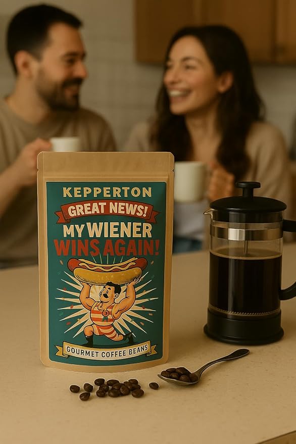 My Wiener Wins Again Gag Gift for Caffeine Fiends Coffee Gifts for Men & Hot Dog Lovers, Weird Basket Stuffers for Birthdays or Holidays, Resealable Bag, Whole Bean