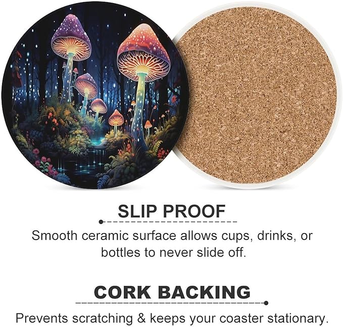 Botanical Drink Coasters, Round Ceramic Drink Coaster Round-4PCS, Fantasy Colorful Cartoon Style Abstract Mushroom Print Decor Absorbent Ceramic Coasters for Beverage Cup, Bar, Coffee Table
